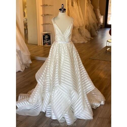 2020 Real Made Vestidos De Noiva Striped Organza Ball Gown Draped V Neckline Open Back Cascading Skirt Bridal Gown Wedding Dress