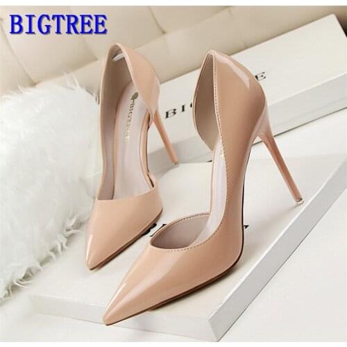 BIGTREE 2020 Concise Solid Patent Leather Shallow Women Pumps Sexy Cut-outs Pointed Toe High Heels 10cm Shoes