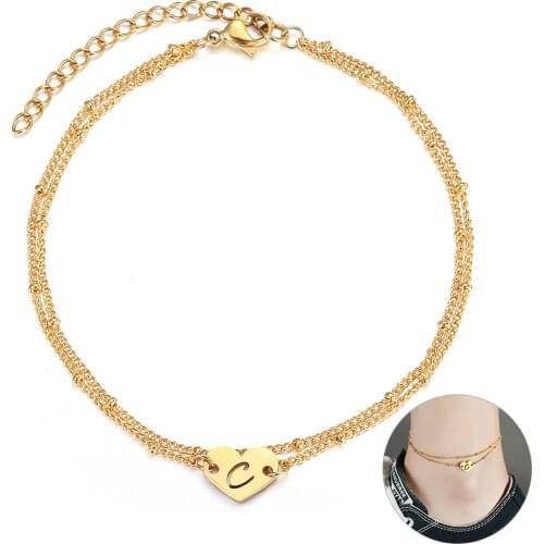 Heart Love Hollow Initial A-Z Letter Anklet for Women Girls Layer Gold Stainless Steel Satellite Charm Bracelet on the leg DA46A