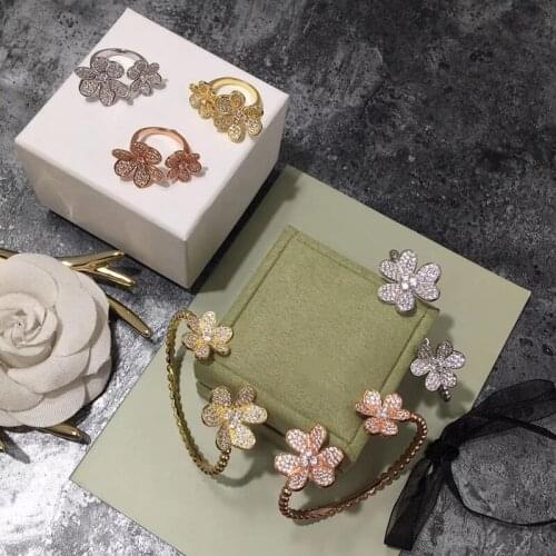 Brand Fashion Party For Women Bangle Rings Beads Ring Jewelry Set Gold Color Flower Bracelet