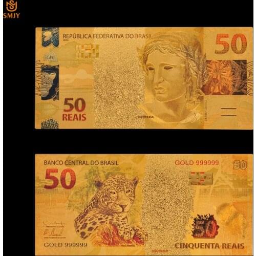 Color World Currency Paper Brazil 50 Reais Gold Plated Replica Fake Money Gold Banknotes Collections