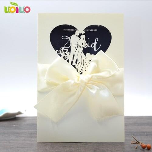 DIY customzied inc176 europe Wedding invitations Card,cream pocket heart invitation card tie cream bow,print insert,envelope