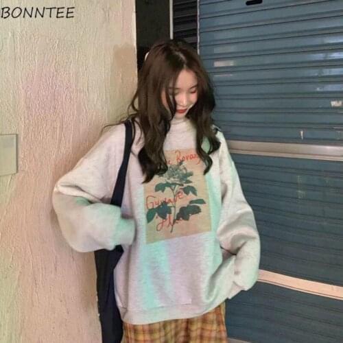 Hoodies Women O-neck Print Harajuku Autumn Clothes Newest Loose BF Style Leisure Chic Cute Sweatshirts Female Daily Thicker Warm