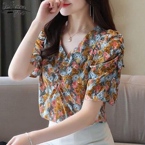 Korean Pullover Tops Blusas 2021 Summer Chiffon Puff Short Sleeve Women Shirts Office Floral V Neck Pleated Women Blouse 10173