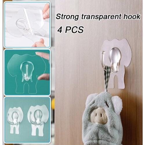 4Pcs Elephant Shaped Hook Seamless Strong Adhesive Cute Animal Hook Kitchen Bedroom Keychain Bag Towel Hanging Storage Free Nail
