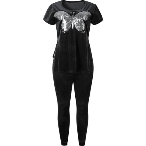 L-3XL Plus Size 2 Piece Sets Velvet Dashiki African Sets Women Butterfly Sequins Sweatshirt Top Pants Tracksuit Fitness Outfit