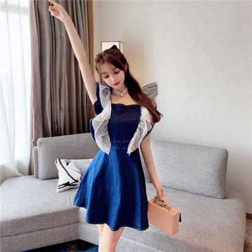 Summer Dress 2020 Fashion Streetwear Dot Mesh Ruffles Patchwork Denim Dress Women Sweet Girls Mini Jean Dress