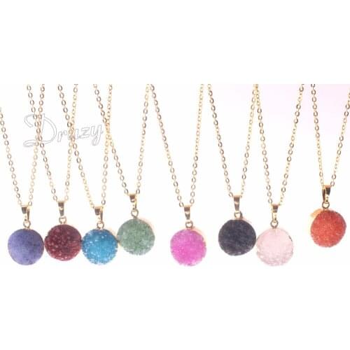 Drzuy Trendy Small Gold Color Bezel Round Shape Rough Natural Stone Purple Blue Crystal Quartz Pendant Healing Druzy Necklace