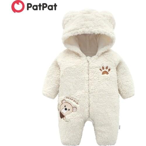 PatPat Solid Color Bear Modeling Fleece Baby Hoodie Jumpsuit