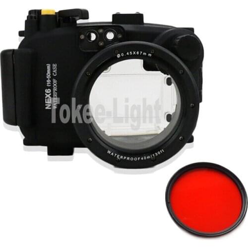 40 meters 130ft Underwater Waterproof Housing Diving Camera Case Bag for SONY Nex-6 Nex 6 16-50mm lens lens With 67mm Red filter