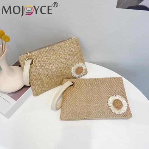 Vacation Casual Ladies Small Phone Pocket Women Beach Sunflower Wristlet Bag Casual Vintage Small Woven Purse