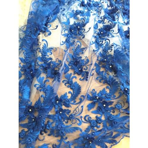 Lux 3D Pearl Beaded Blossom Floral Embroidery Lace Fabric in Royal Blue by Yard , Haute Couture Bridal Wedding Gown Fabric