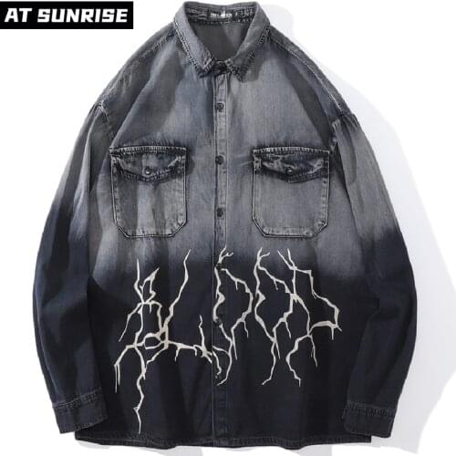 2021 Hip Hop Mens Streetwear Oversized Denim shirt Harajuku Loose Shirt Long Sleeve Gradient Tie dye Oversize Shirt Tops Black