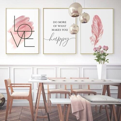 Blush Pink Wall Art Feather Canvas Painting Inspirational Quote Poster and Print Love Sign Picture for Girl Room Decor