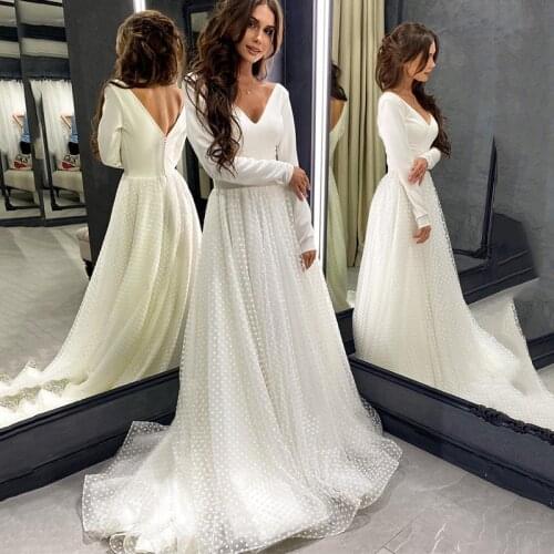 Vintage Cheap Wedding Dresses 2021 Long Sleeve Bride Dress V Neck Back Dots Tulle Boho Wedding Gowns Beach Vestido de Casamento
