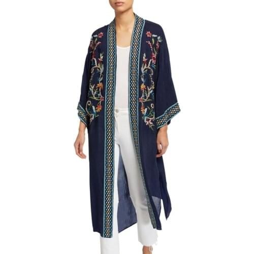 Vintage Opulent Embroidery Cardigans Summer Ladies Light Coats Duster Blossom Flowers Embellishment Hem Beach Cover Ups NavyBlue