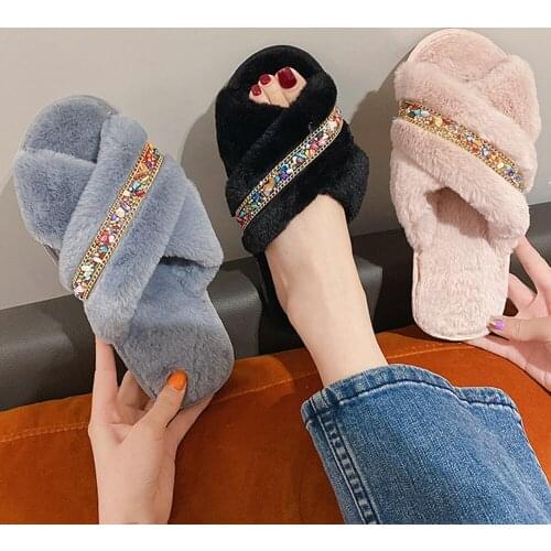 Women Home Slippers Winter Warm Shoes Ladies Slip on Flats Slides Female Faux Fur Slippers Color Cross plush slippers hh122