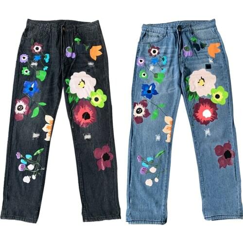 Women Wide-Leg Jeans High-Waisted Floral Print Loose Denim Trousers With Holes In The Fall Of 2021 Casual High Street All-Match