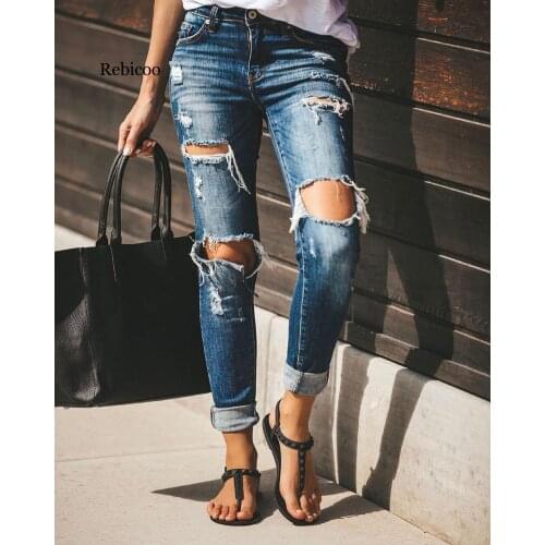 Rebicoo Hole ripped jeans for women Pants Cool Denim Vintage skinny push up jeans High Waist Casual ladies Slim calca jeans