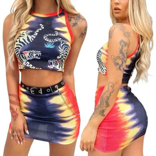 Womens Sexy Vest and Skirt Suit Fashion Tiger Pattern Cropped Tops and Gradient Color High-waist Tight Short Skirt