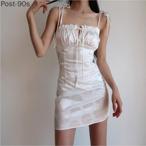 Summer Women Tie Neck Floral Print Cute Mini Sexy Satin Dress White Elegant Spaghetti Straps Boho Beach Holiday Girl Dress 2021