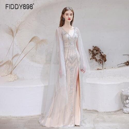 Elegant Evening Dress 2021 Beaded V Neck Long Evening Party Dresses Women robe de luxe femme A-Line Prom Gown with Slit