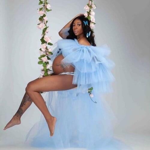 Sweet Pretty Sky Blue Draped Tulle Mesh Maternity Dress Off The Shoulder Women Dresses To Photography Open Front Long Robe
