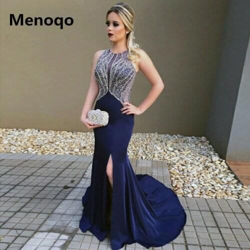 Sexy Navy Blue Evening Gowns Beading Open Back Prom Gowns With Side Slit Sleeveless Sweep Train Prom Dresses Long Dress 2020
