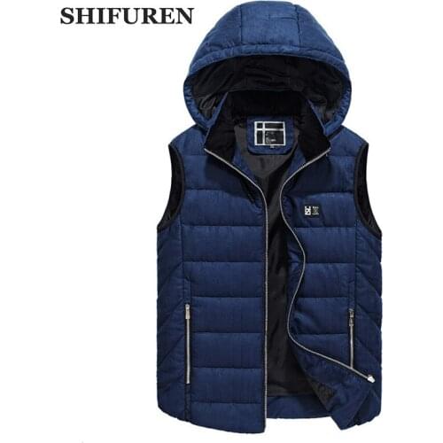 SHIFUREN Winter Warm Hooded Vest Men Casual Sleeveless Jacket Thicken Cotton Padded Waistcoats Outerwear Plus Size L-XXXL