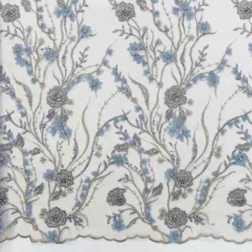 2021 Sky Blue Handmade Beaded Laces 3D Flower Embroidery with Stone Pearls American Wedding Mesh Lace HY1353