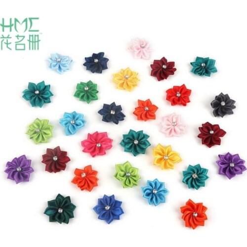 3mm 25pcs Random Mixed Fabric Flowers Appliques 9 Petal Headband Flowers with Rhinestone for Wedding Garment Hair Accessories