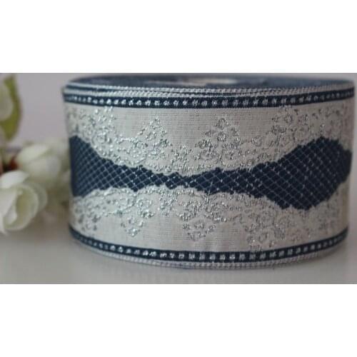 5yards/lots Woven Jacquard Ribbon 6cm silvery background blue Geometric pattern LS-4310