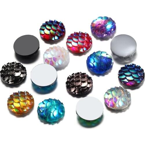 50pcs 8mm 10mm 12mm Mix Colors Mermaid Fish Scale Flat back Rhinestone Round Cabochon Embellishment Scrapbook Gasket DIY Crafts