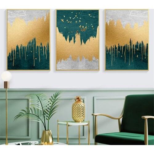 Abstract Bright Gold Foil Tree Drop Green Poster Painting Modern Canvas Art Print Wall Art Picture for Living Room Tableau Salon