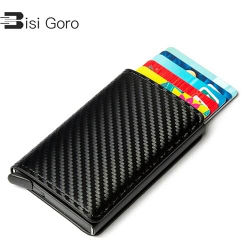 BISI GORO Aluminum Card Holder Clutch Carbon Fiber Leather 2021 New RFID Metal Box Slim Thin Smart New Card Case Pop-up Wallet