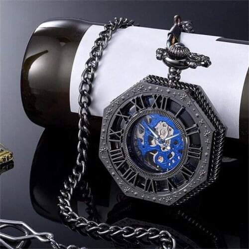 DHL Shipping Hollowed Roman Dial Black Mechanical Pocket Watch with Chain Men Women Pocket Watches Wholesale