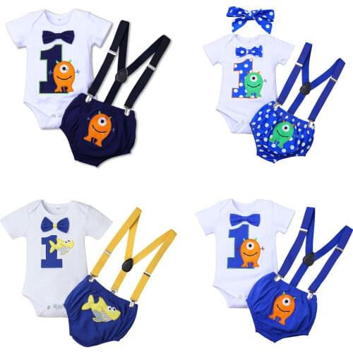 Baby & childrens Baby Boy Cartoon Romper Tops Suspender Pants Short Sleeves Detachable Button Short 1st Birthday Party