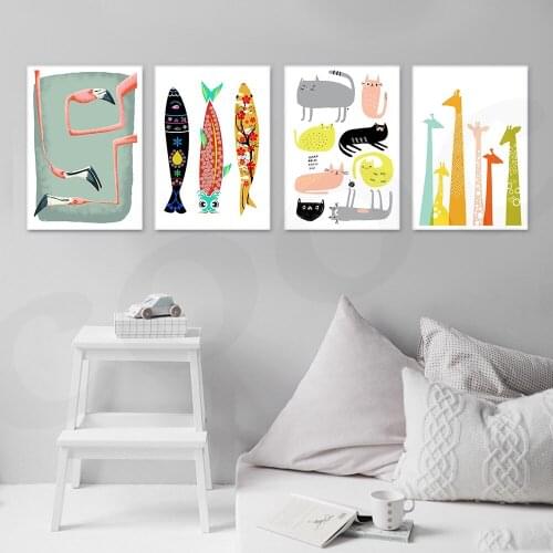 Nursery Room Prints Painting on Canvas Animals Giraffe Colorful Fish Poster Picture Home Decor for Kids Baby Room