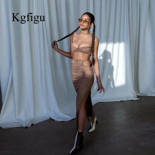 KGFIGU One Shoulder Sleeveless Crop Tops And Long Skirt Set Sexy Plaid Slit Bodycon Dress Partywear Drop Shipping