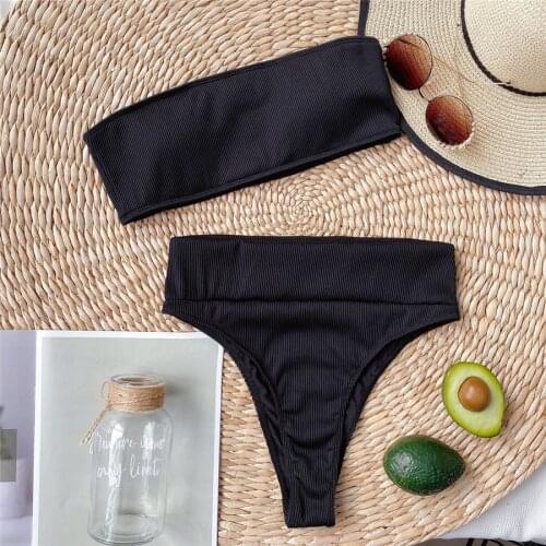 2021 New Bikinis High Waist Breast wrapping Swimsuit Women Push Up Swimwear Ribbed Strap Bathing Suit Brazilian Bikini Beachwear