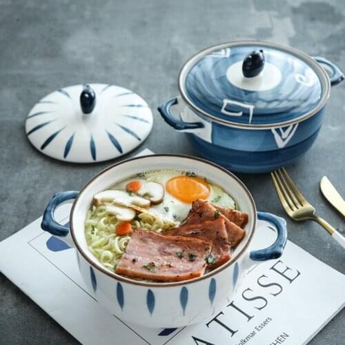 Instant Noodle Bowl with Lid Ceramic Household Bowl Single Student Dormitory Japanese Style Creative Soup Bowl Ramen Bowl