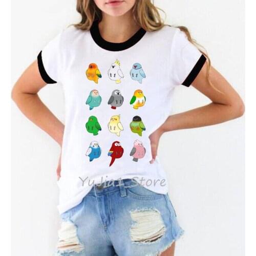 Summer 2020 harajuku kawaii watercolor birds Cockatiel Parrot tee shirt femme funny animal print tshirt cute graphic ringer tees