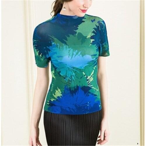 Miyake pleated short-sleeved top womens half-high collar 2021 summer new fashion print slim slimming T-shirt small shirt women