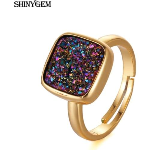 ShinyGem Fashion Gold Plating Crystal Rings Blue/Rainbow/Opal Square Druzy Open Rings Unique Engagement Wedding Rings For Women