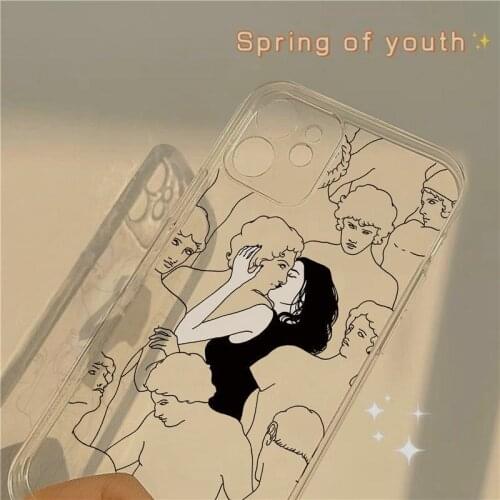 Fashion kissing couple phone case for ipone x xr xs 12 mini 11 pro max se 2020 7 8 plus simple sketch figure clear cover bumper