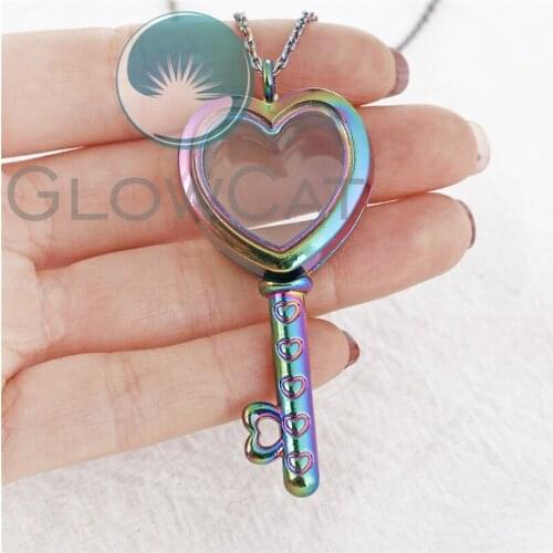 Rainbow Heart Key Glass Necklace for 8mm Beads Pearl Floating Locket Pendant Memory Photo Magnetic Lockets Necklace