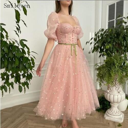 Smileven Puff Sleeve A Line Prom Dresses Ankle Length Sweetheart Neck Flowers Prom Party Gowns With 3D Flowers Evening Gowns
