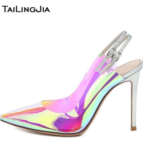 Stiletto Heels High Heel Slingback Iridescent PVC Pumps Women Pointed Toe Heeled Slingbacks Ladies Silver Translucent PVC Shoes