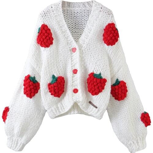 JC · KILIG 2021 Strawberry Color Matching Long Sleeve V-Neck Knitted Cardigan L9814