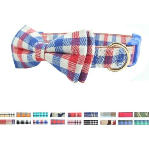 XPangle Dog Collar with Bow tie Soft Cotton Leather Plaid Collars for Small Medium Large Dogs Cats Puppies Pet Supplies 27-58cm